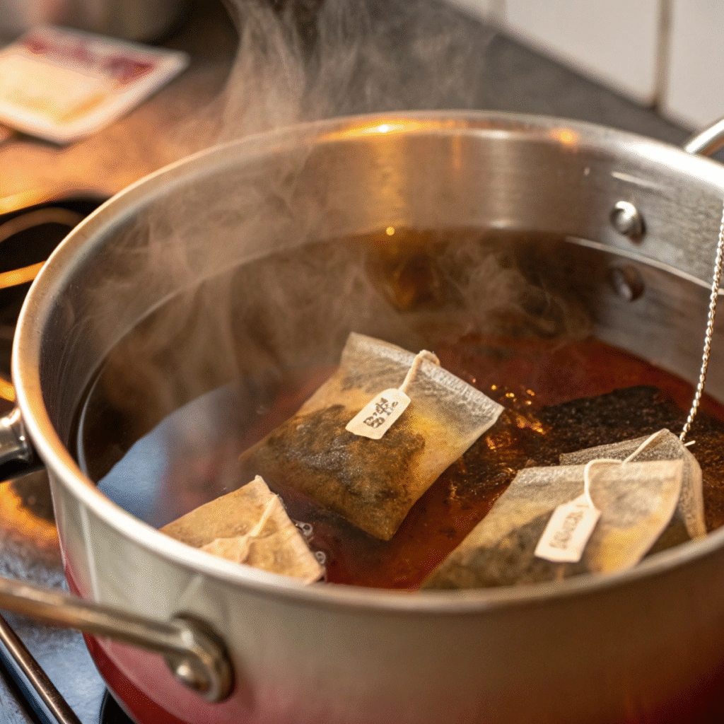 Steeping black tea bags for Mango Iced Tea - step 1 showing tea infusion with rising steam and paper tags over saucepan edge.
