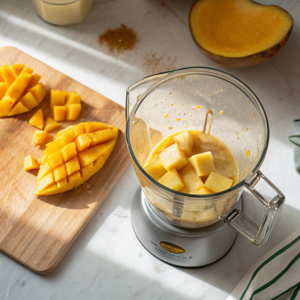 Blending ripe mango for Mango Iced Tea - step 2 showing smooth puree in a glass blender.