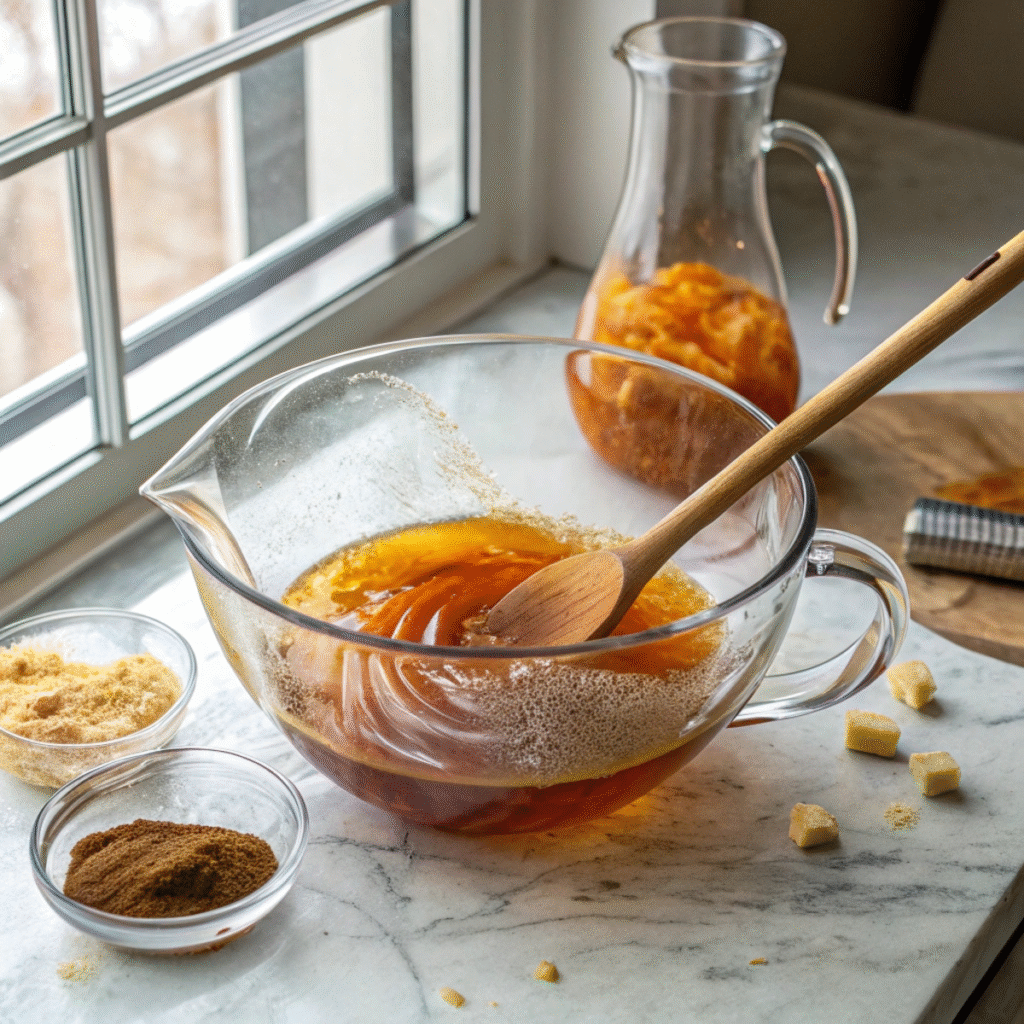 Mixing mango puree into steeped tea for Mango Iced Tea - step 3 showing swirling texture inside glass pitcher.