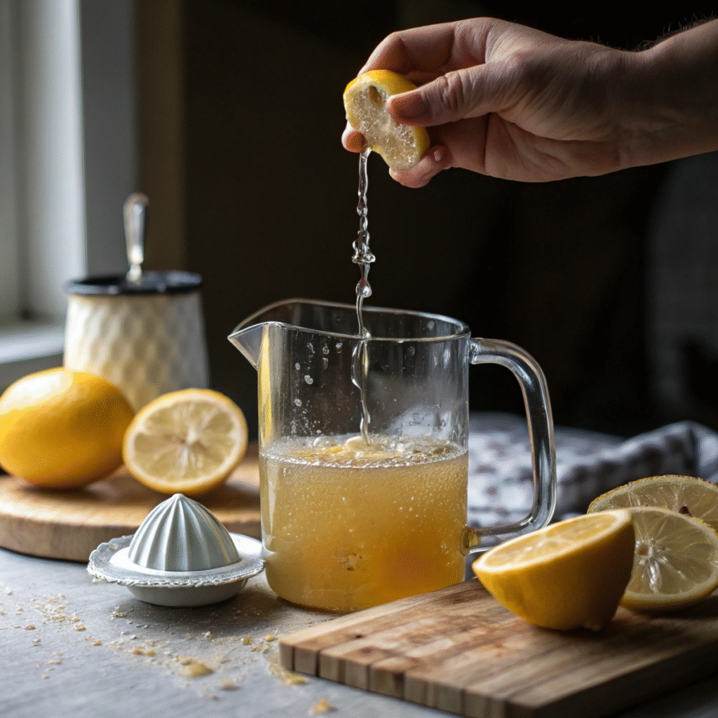 Squeezing lemon juice into Mango Iced Tea - step 4 showing fresh pulp and juice drops falling into pitcher.