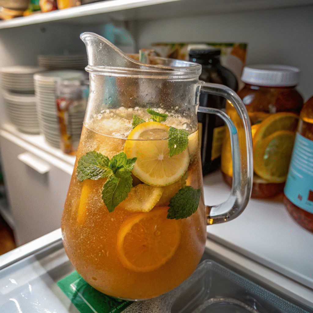 Chilling Mango Iced Tea in fridge - step 5 showing condensation on glass pitcher with golden tea and lemon slices.
