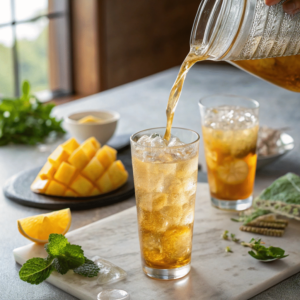 Pouring chilled Mango Iced Tea over ice - step 6 showing mid-pour motion with fresh mint and lemon wedge.