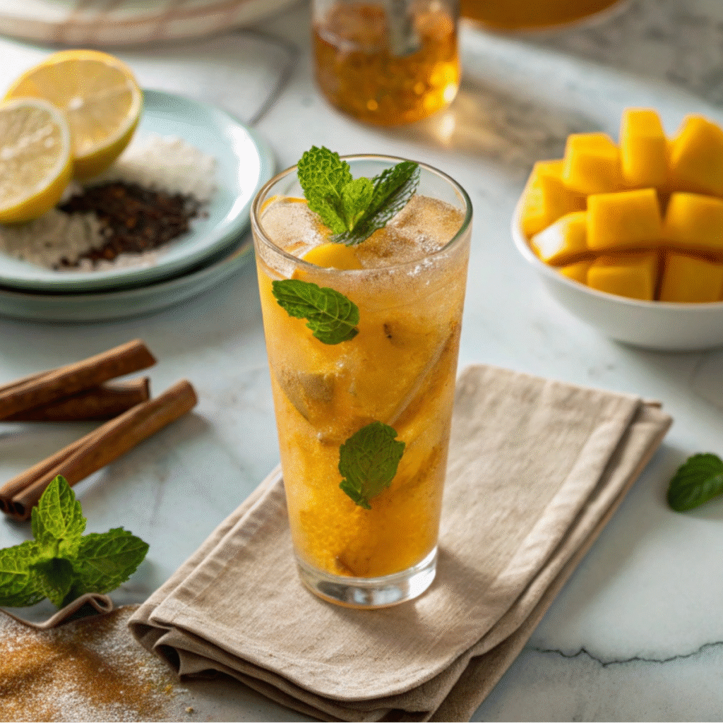 Garnishing Mango Iced Tea with mint and mango slice - step 7 showing sugared rim and fresh citrus.