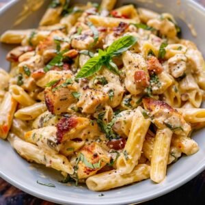 Marry Me Chicken Pasta on a modern marble countertop, showcasing its creamy sun-dried tomato sauce with fresh basil and tender chicken.