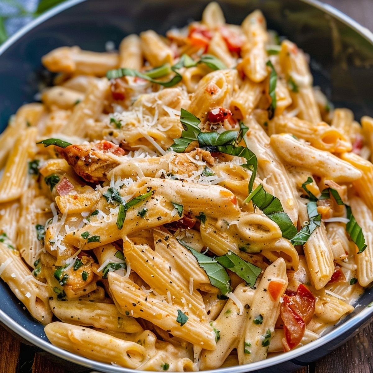 Close-up of Marry Me Chicken Pasta showing creamy texture and golden chicken slices, garnished with fresh basil on a ceramic plate.