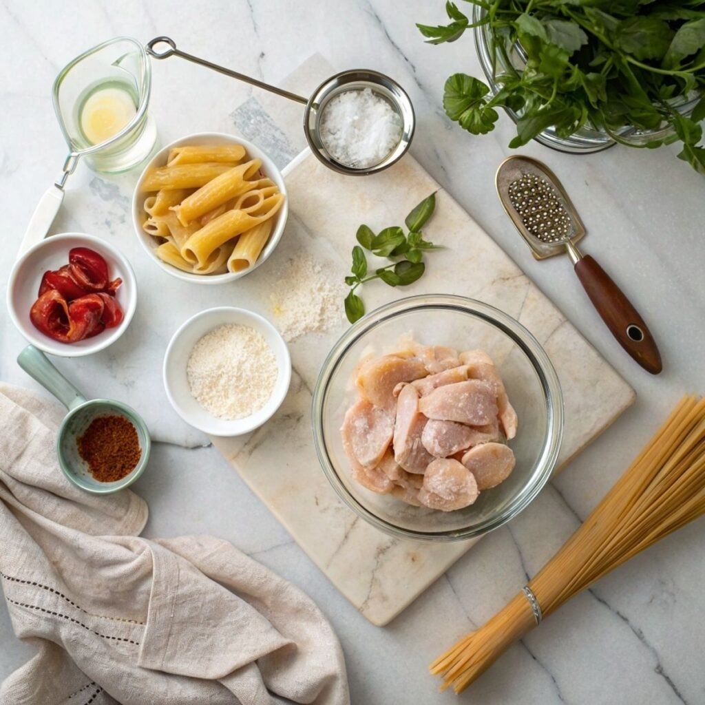 Fresh ingredients for Marry Me Chicken Pasta including sun-dried tomatoes, Parmesan, garlic, and chicken breasts arranged on a modern marble surface.