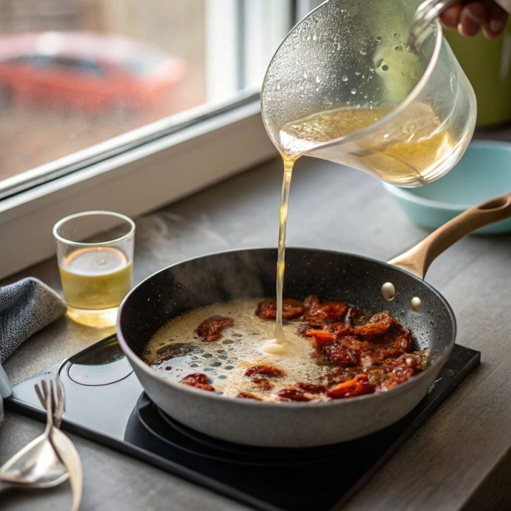 Pouring broth over sun-dried tomatoes for Marry Me Chicken Pasta - step 5 showing sizzling pan and steam rising.
