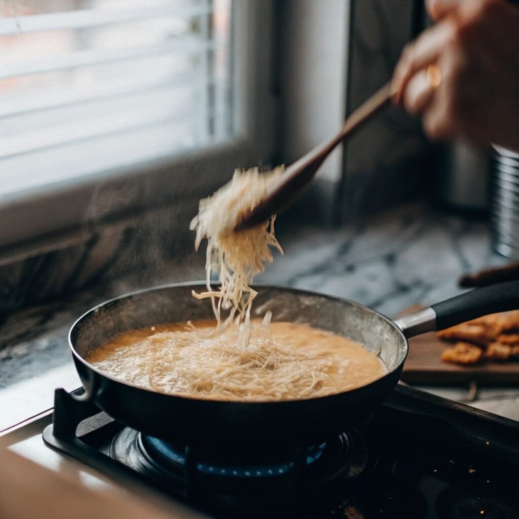 Stirring Parmesan into creamy sauce for Marry Me Chicken Pasta - step 7 showing rich texture and melted cheese blend.