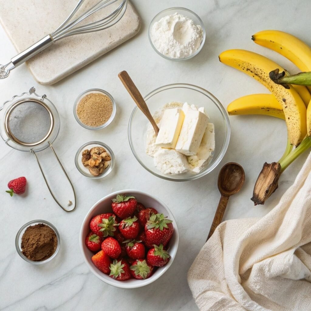 Fresh ingredients for No-Bake Banana Split Cake including bananas, cream cheese, crushed pineapple, and strawberries on a marble surface.