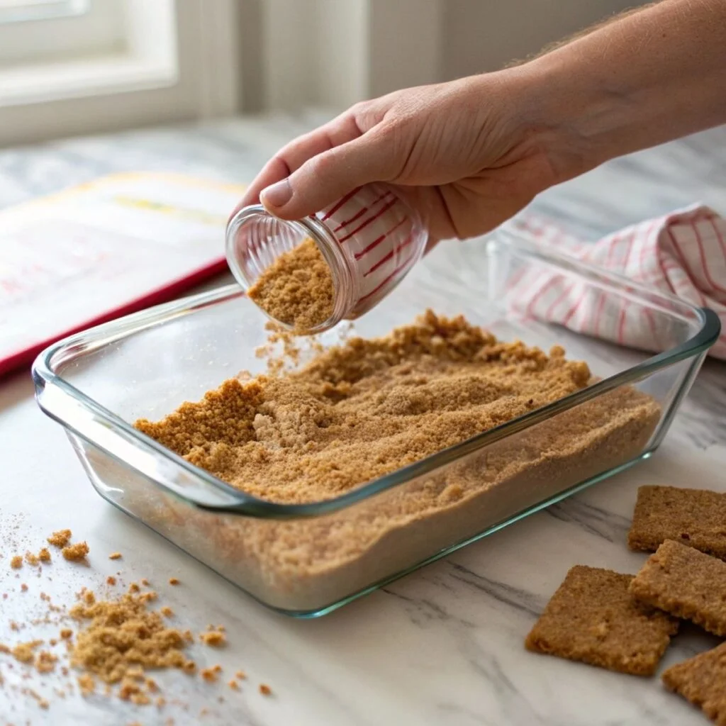 Pressing graham cracker crust into dish for No-Bake Banana Split Cake - step 1 showing crumb texture and buttery sheen.