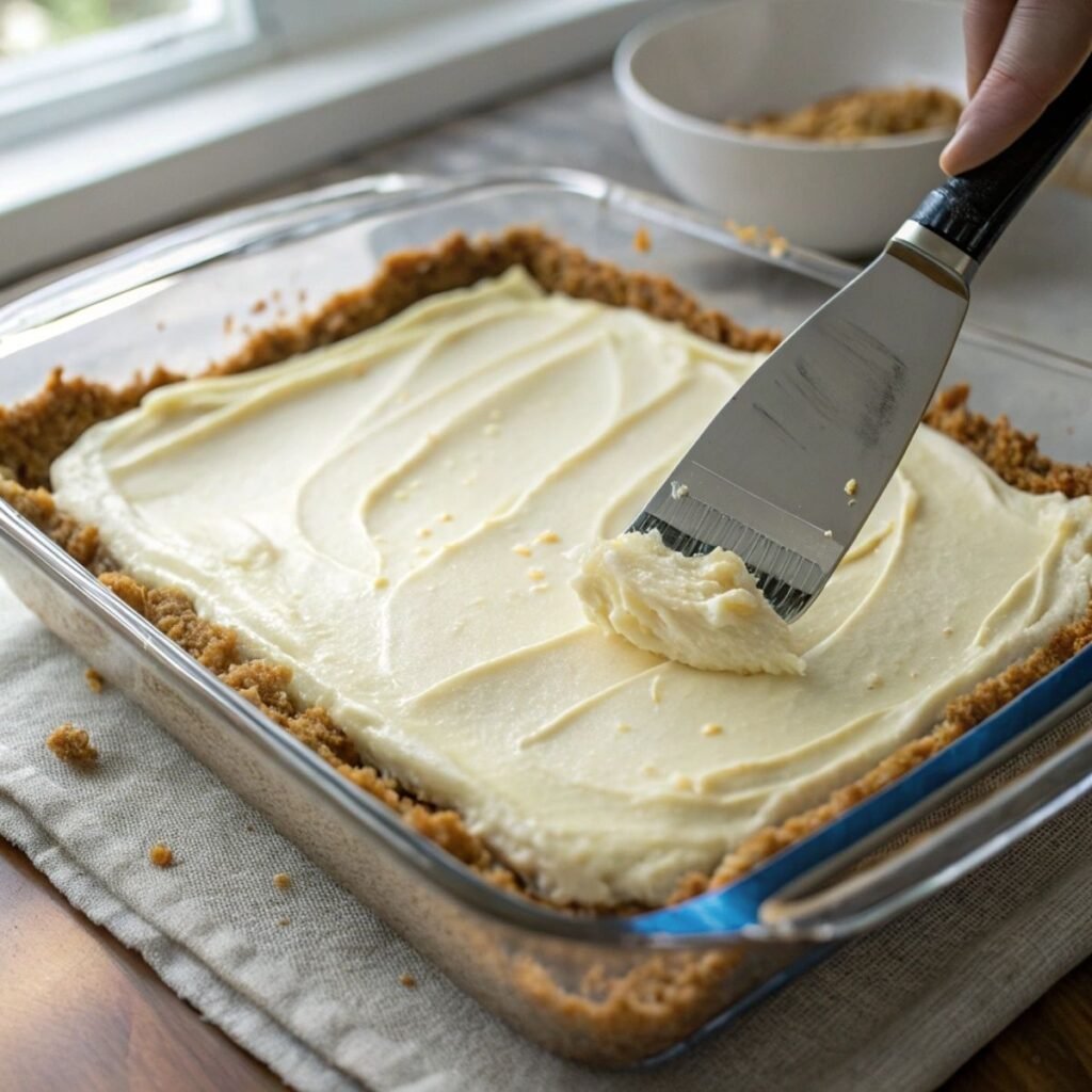 Spreading cream cheese layer for No-Bake Banana Split Cake - step 2 showing creamy texture with slight swirl and rustic edges.