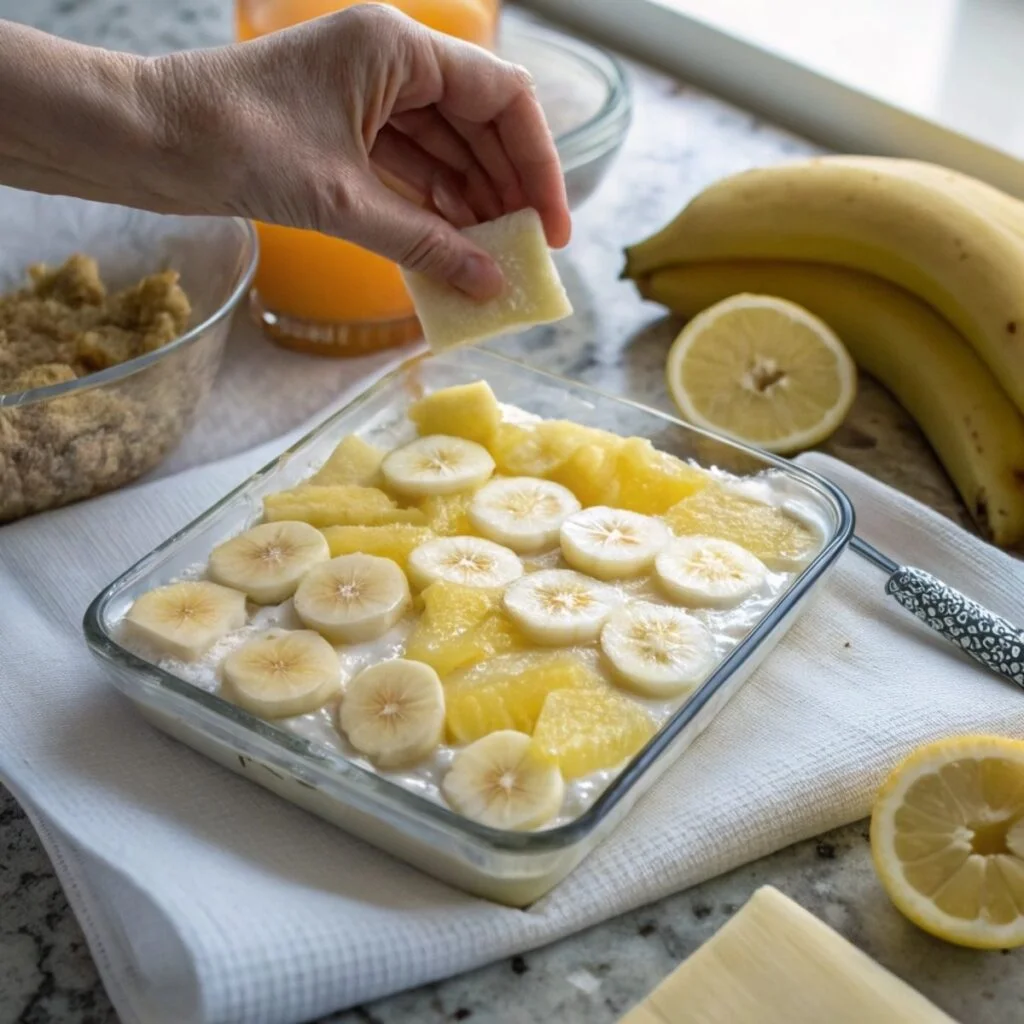 Layering bananas and pineapple for No-Bake Banana Split Cake - step 3 showing fresh fruit over creamy filling with natural texture.