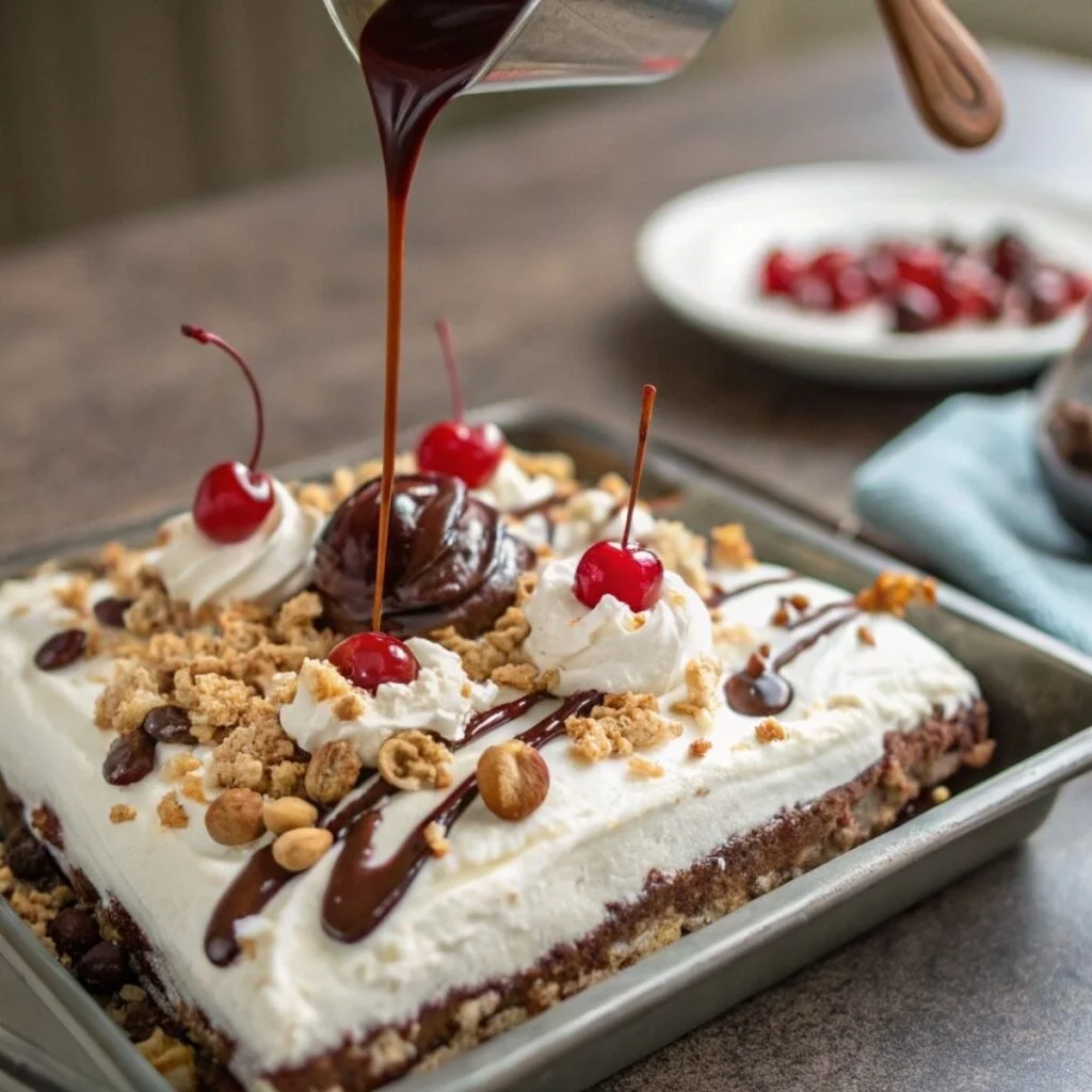 Drizzling chocolate syrup and topping No-Bake Banana Split Cake - step 4 showing cherries, nuts, and whipped topping in final layer.