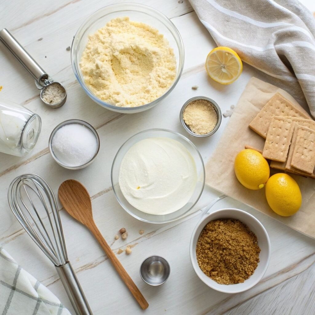 Fresh ingredients for No Bake Woolworth Cheesecake including lemon, cream cheese, graham crackers, and evaporated milk on marble surface.