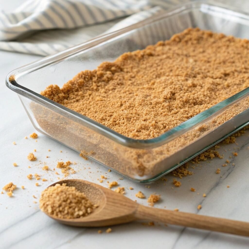 Pressing graham cracker crust for Woolworth Cheesecake - step 1 showing compacted golden crust with butter glisten.