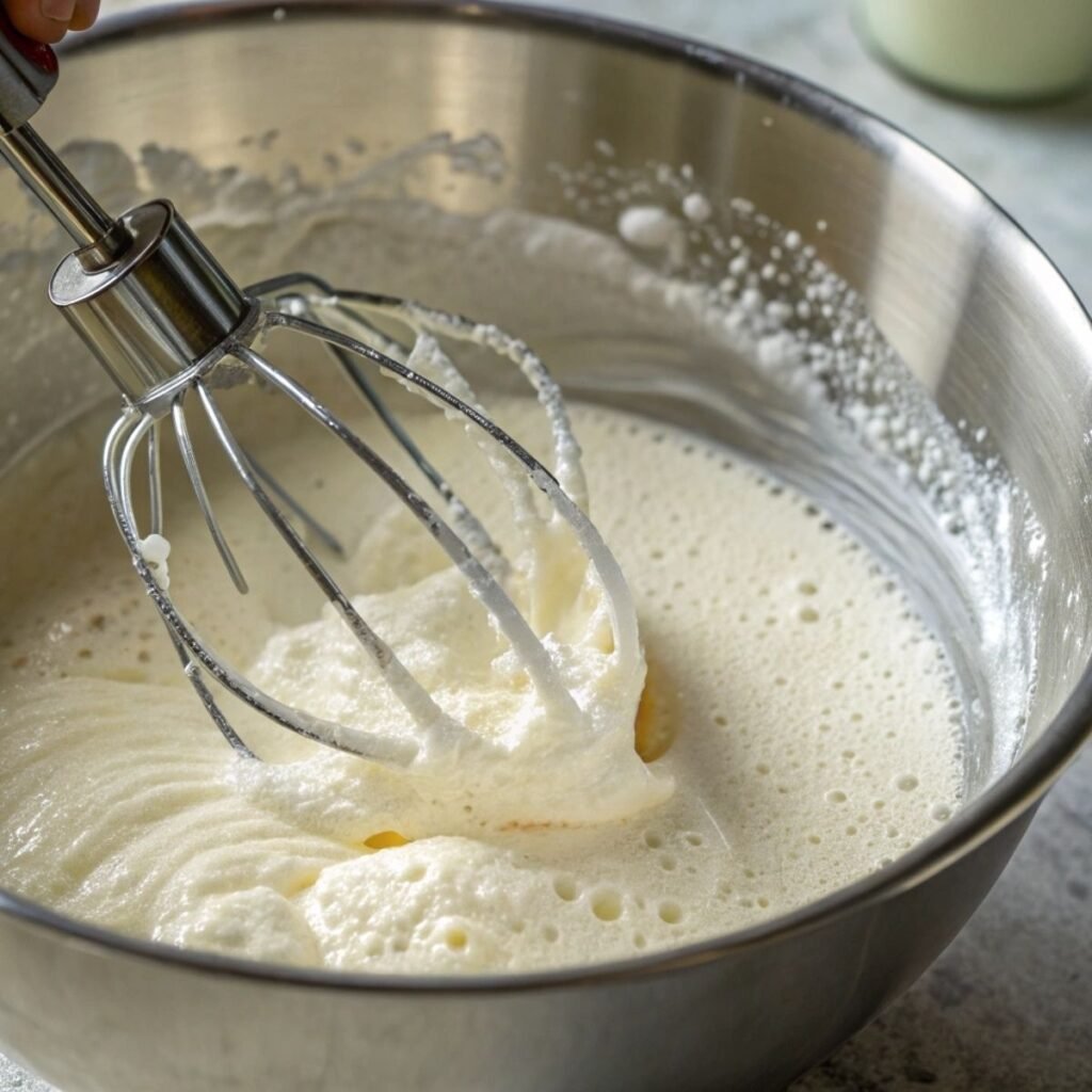 Whipping chilled evaporated milk for Woolworth Cheesecake - step 5 showing airy soft peaks.