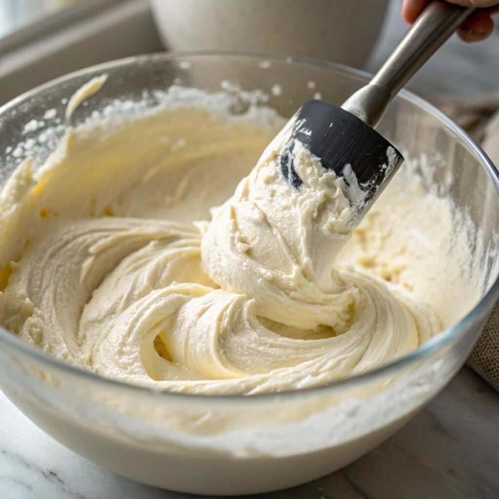 Folding whipped milk into cheesecake base for Woolworth Cheesecake - step 8 showing airy mix and spatula movement.