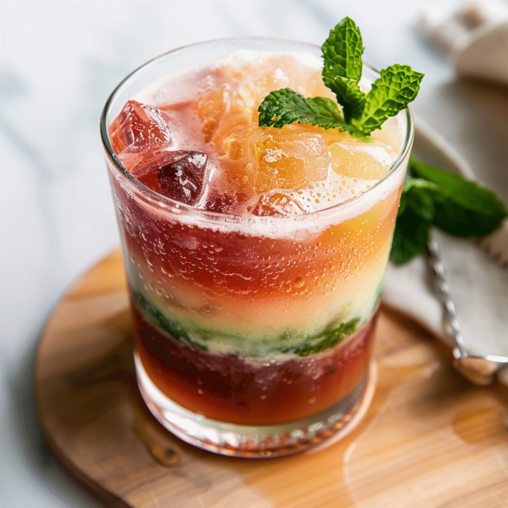 Close-up of Northern Lights Glow Punch showing shimmering layers and vibrant colors, garnished with mint on a marble surface.