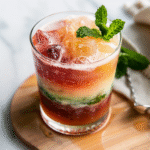 Close-up of Northern Lights Glow Punch showing shimmering layers and vibrant colors, garnished with mint on a marble surface.