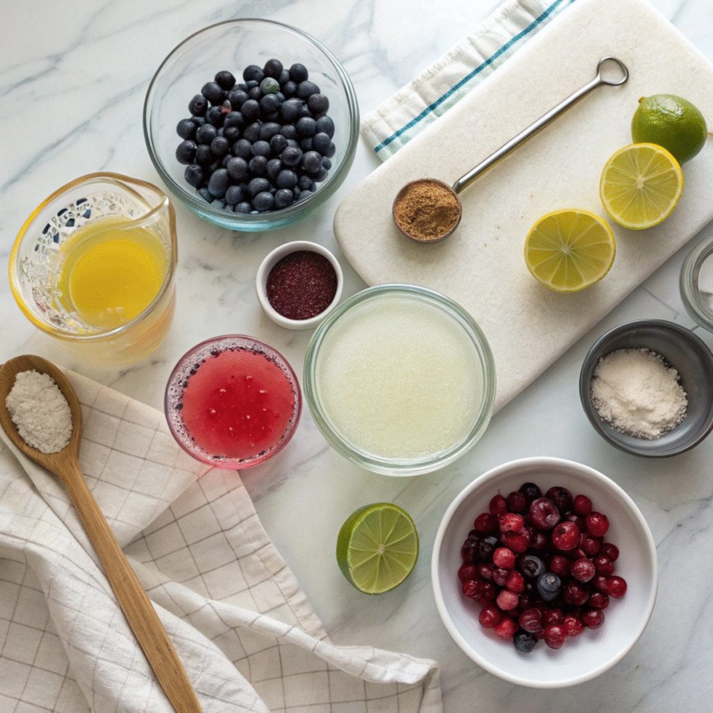 Fresh ingredients for Northern Lights Glow Punch including blueberry juice, white cranberry juice, pineapple juice, and edible glitter on marble surface.