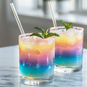 Northern Lights Glow Punch on a modern marble countertop, showcasing its shimmering layers with edible glitter and mint garnish.