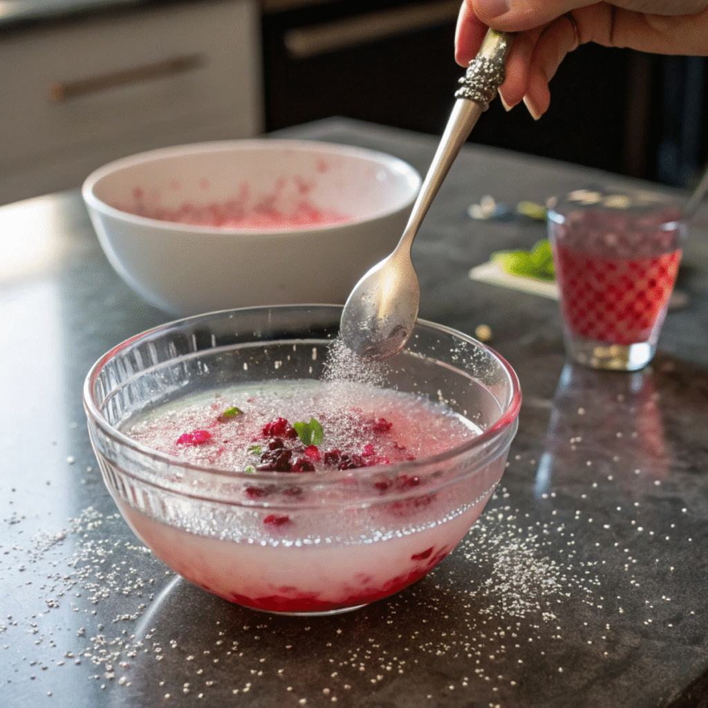 Mixing edible glitter into white cranberry juice for Northern Lights Glow Punch - step 2 showing sparkling shimmer effect.