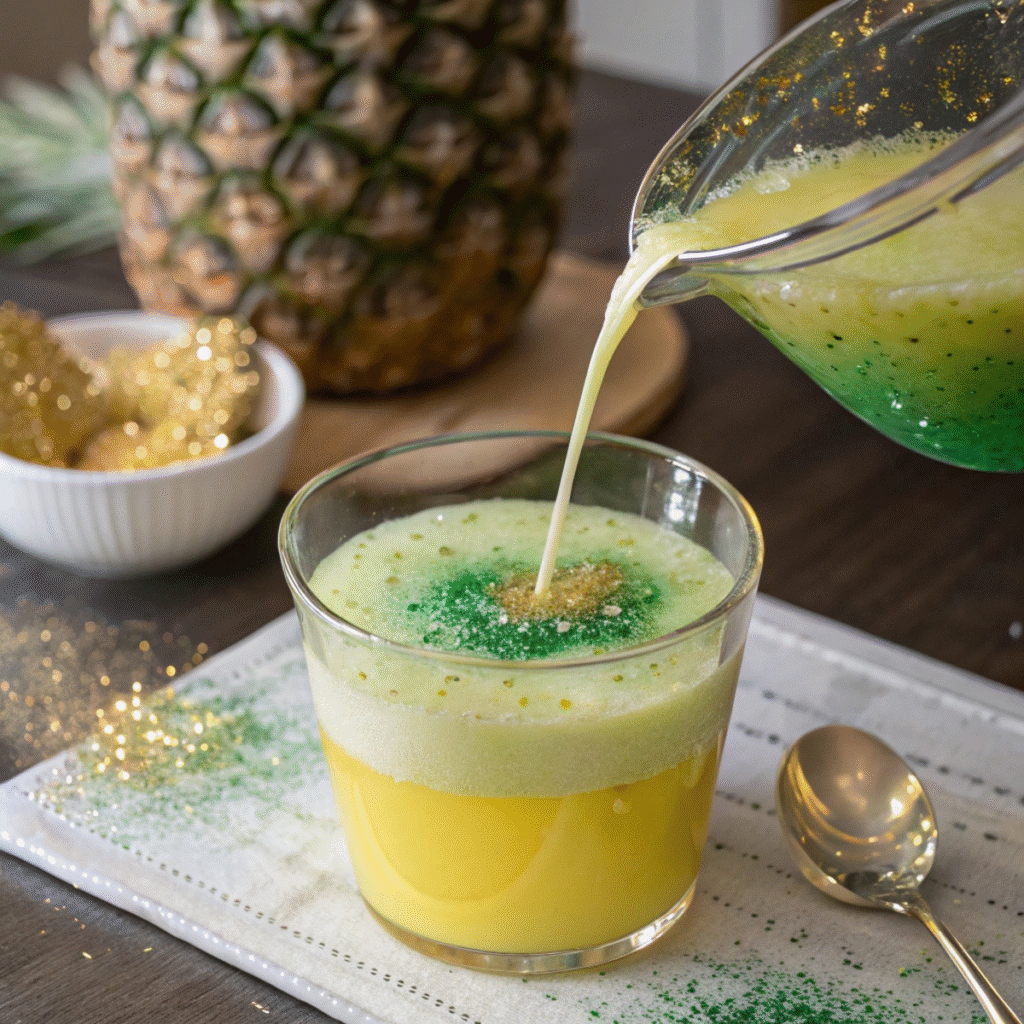 Pouring glittery pineapple juice for Northern Lights Glow Punch - step 6 showing golden layer forming on top.