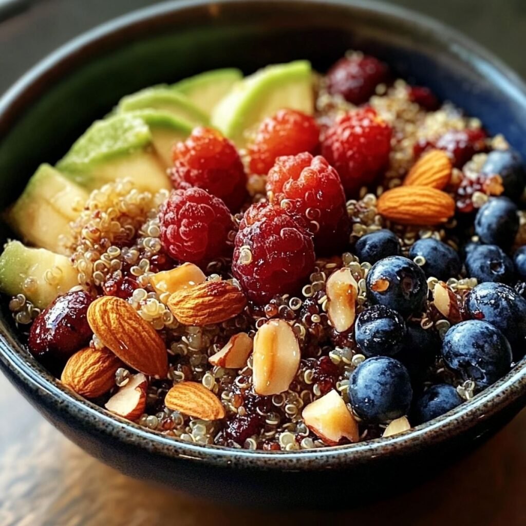 Nutty Quinoa Breakfast Bowl on a marble countertop, showcasing its creamy texture with crunchy toasted nuts and banana slices.