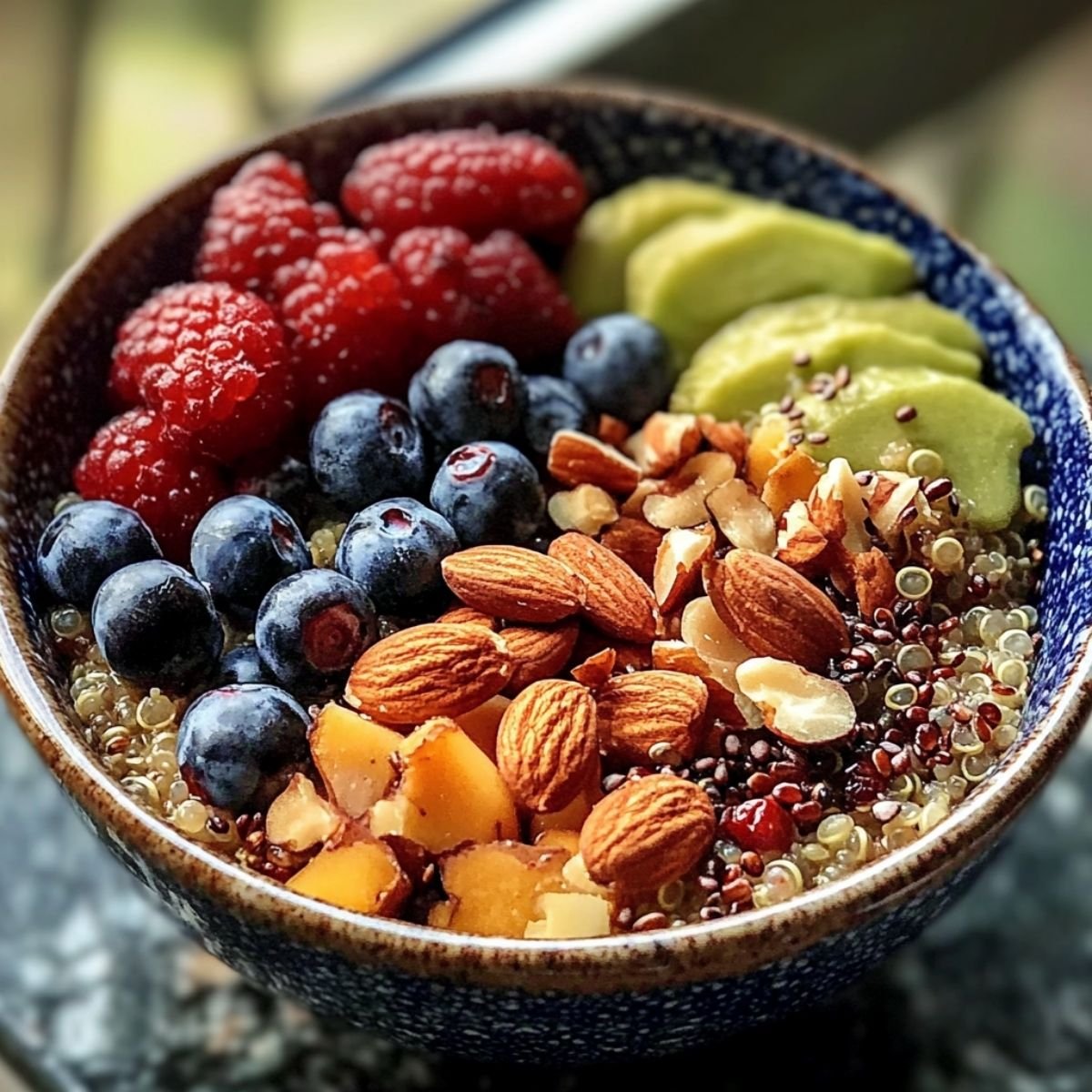 Close-up of Nutty Quinoa Breakfast Bowl showing creamy quinoa texture, almond butter drizzle, and colorful fresh berries on white bowl.