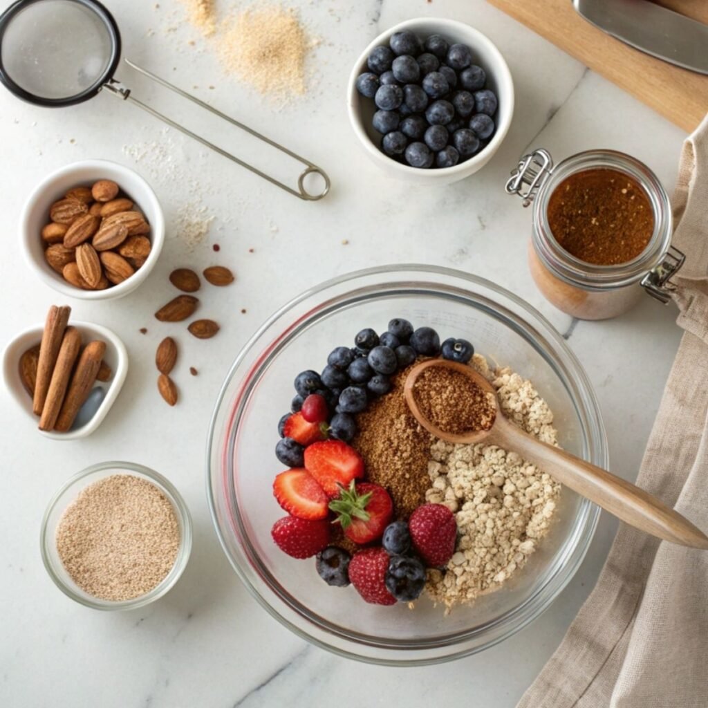 Fresh ingredients for Nutty Quinoa Breakfast Bowl including quinoa, almond milk, maple syrup, berries, and toasted nuts arranged on marble.