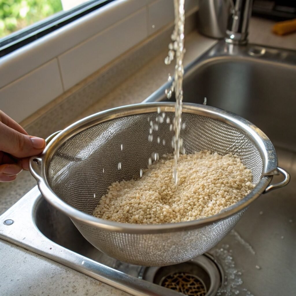 Rinsing quinoa under cold water for Nutty Quinoa Breakfast Bowl - step 1 showing foam and water flow in mesh strainer.
