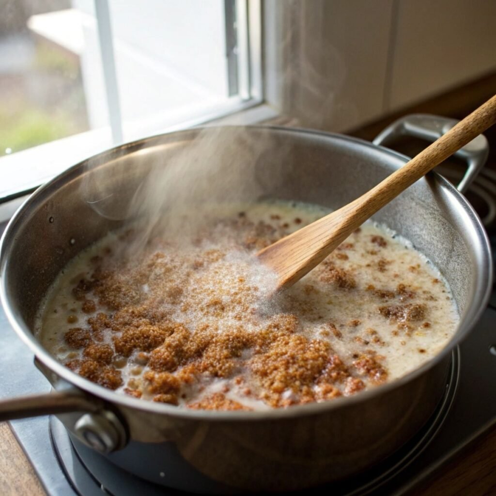 Simmering quinoa with almond milk and cinnamon for Nutty Quinoa Breakfast Bowl - step 2 with steam and visible spice.