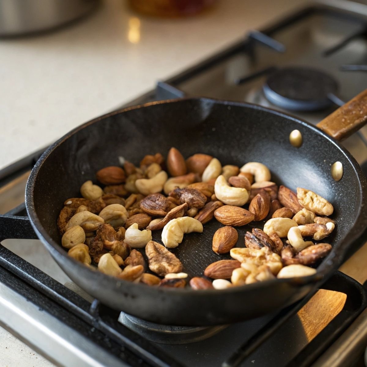 Toasting mixed nuts in skillet for Nutty Quinoa Breakfast Bowl - step 4 showing golden edges and light smoke.