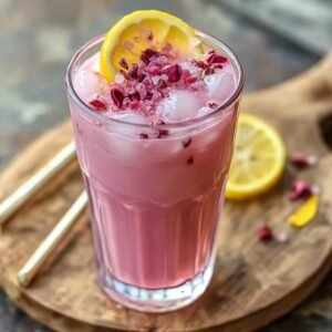 Pink Salt Weight Loss Drink on a marble countertop, showcasing its light pink tint with lemon slice and pink salt crystals.