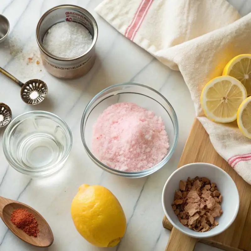 Fresh ingredients for Pink Salt Weight Loss Drink including Himalayan salt, lemon, ginger powder, and apple cider vinegar on a marble surface.