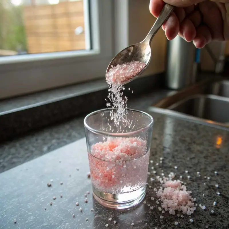 Stirring Himalayan salt into purified water for Pink Salt Weight Loss Recipe - step 1 showing dissolving crystals.