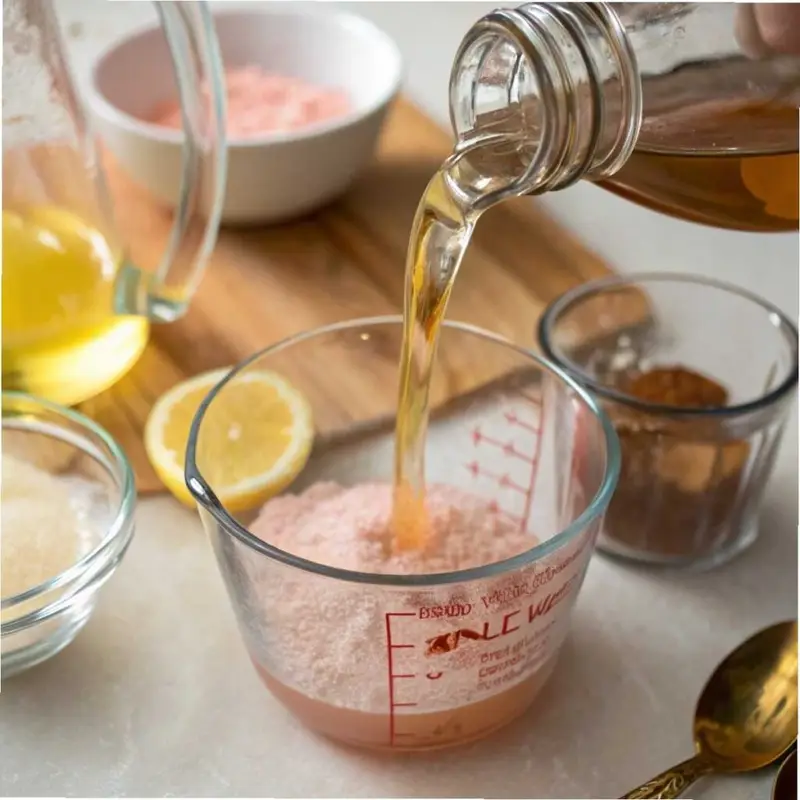 Pouring apple cider vinegar and lemon juice into pink salt water - step 2 in Pink Salt Weight Loss Recipe.