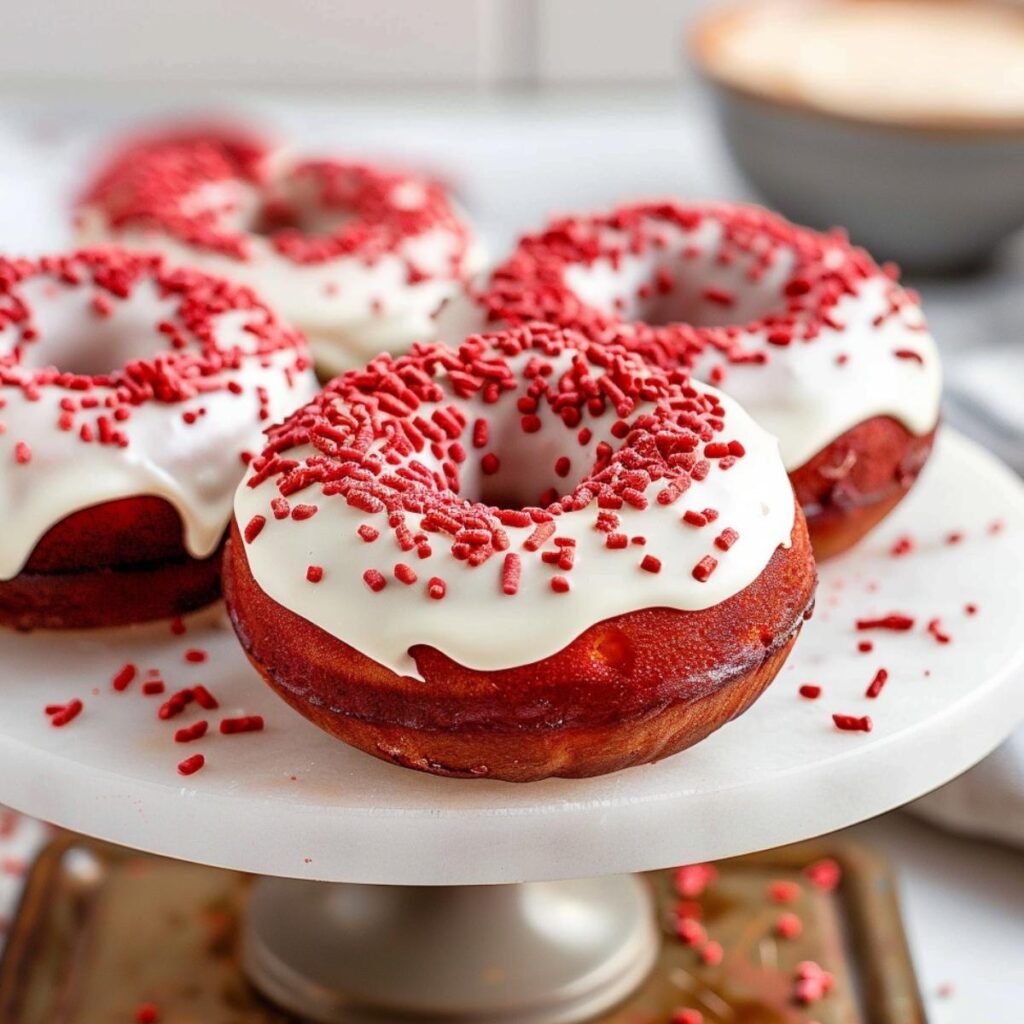 Red Velvet Cake Donuts with Cream Cheese Icing on a marble countertop, showcasing their glaze and red velvet crumbs.