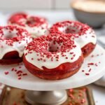 Red Velvet Cake Donuts with Cream Cheese Icing on a marble countertop, showcasing their glaze and red velvet crumbs.
