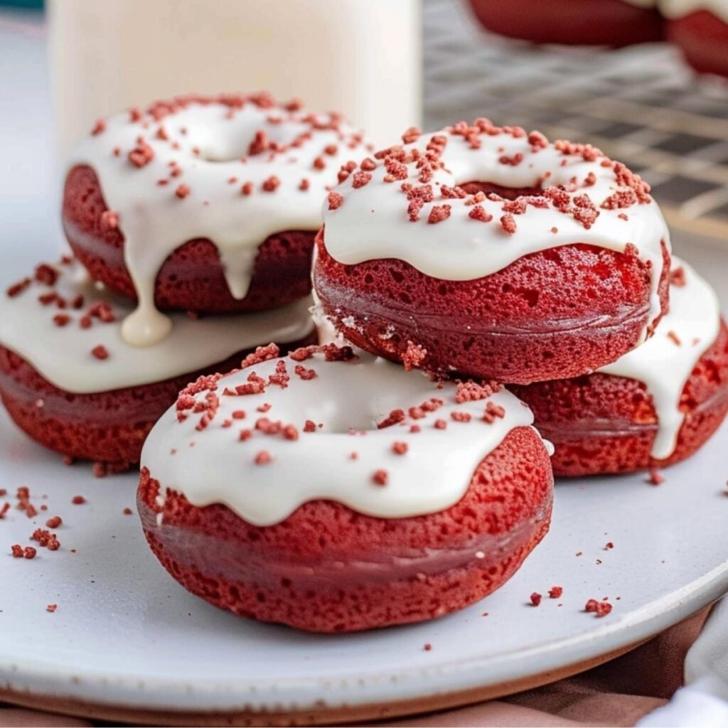 Close-up of Red Velvet Cake Donut showing creamy glaze and rich red interior, garnished with tiny crumbs on a marble plate.
