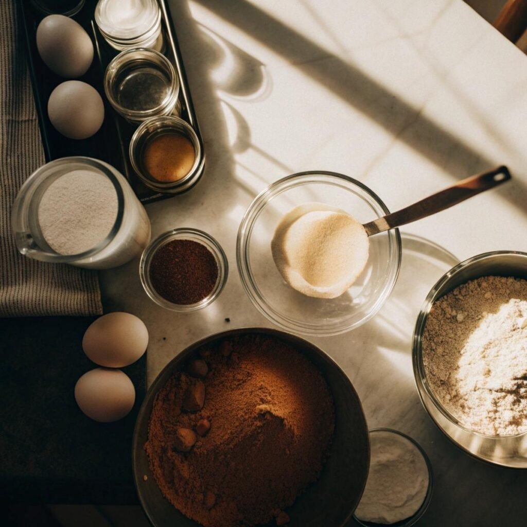 resh ingredients for Red Velvet Cake Donuts including cocoa powder, flour, and cream cheese arranged on a marble surface.