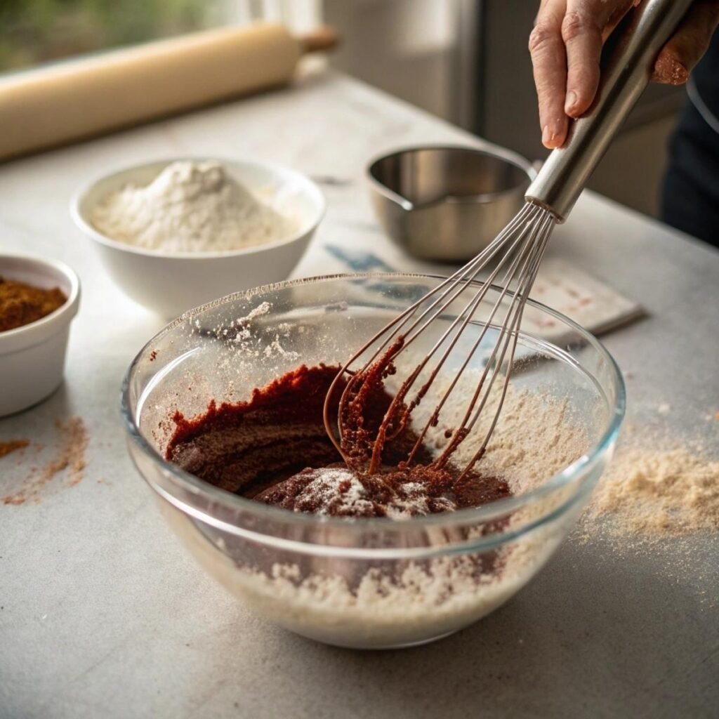 Whisking dry ingredients for Red Velvet Cake Donuts - step 1 showing cocoa and flour mixture in a metal bowl.