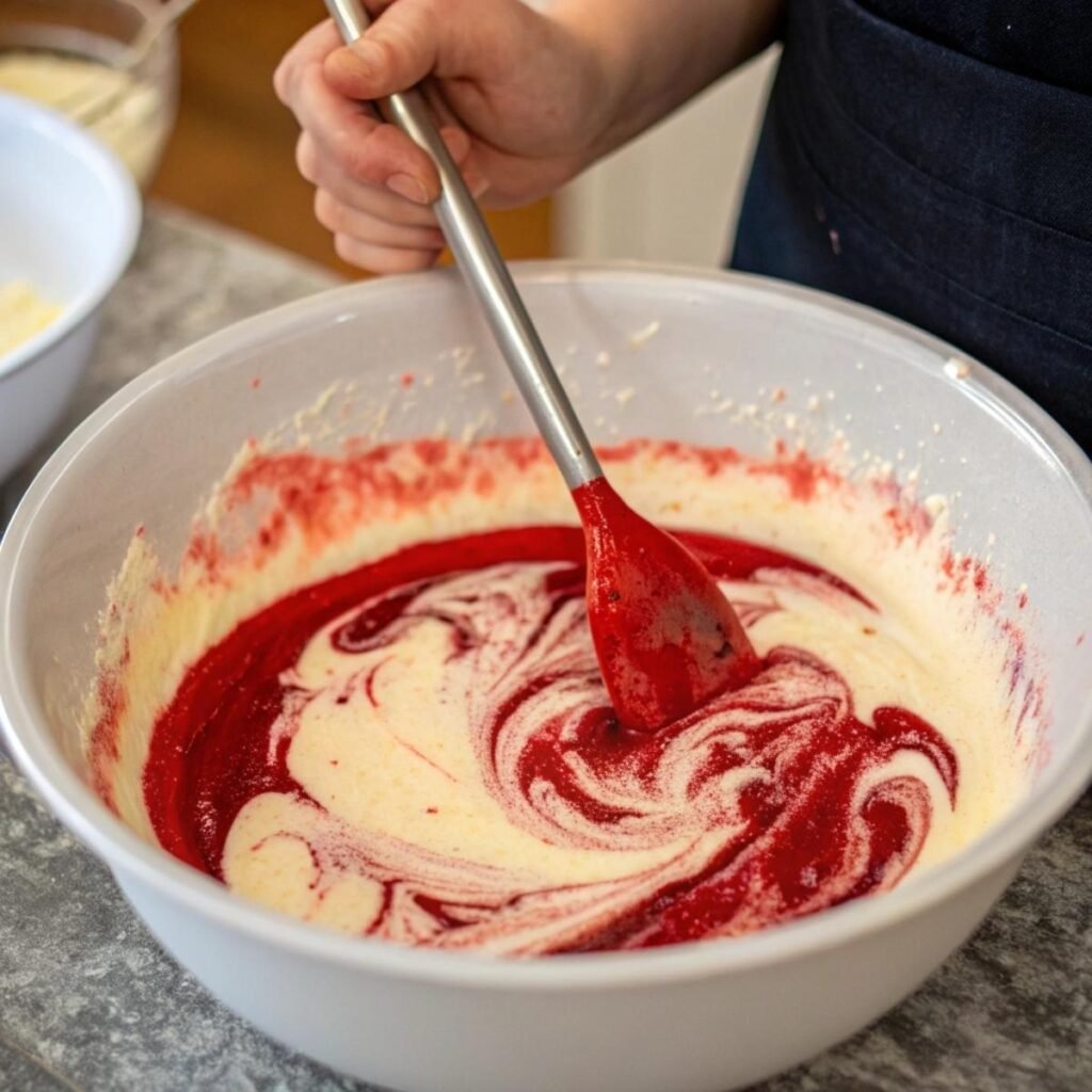 Mixing wet ingredients with red food coloring for Red Velvet Donuts - step 2 showing rich batter.
