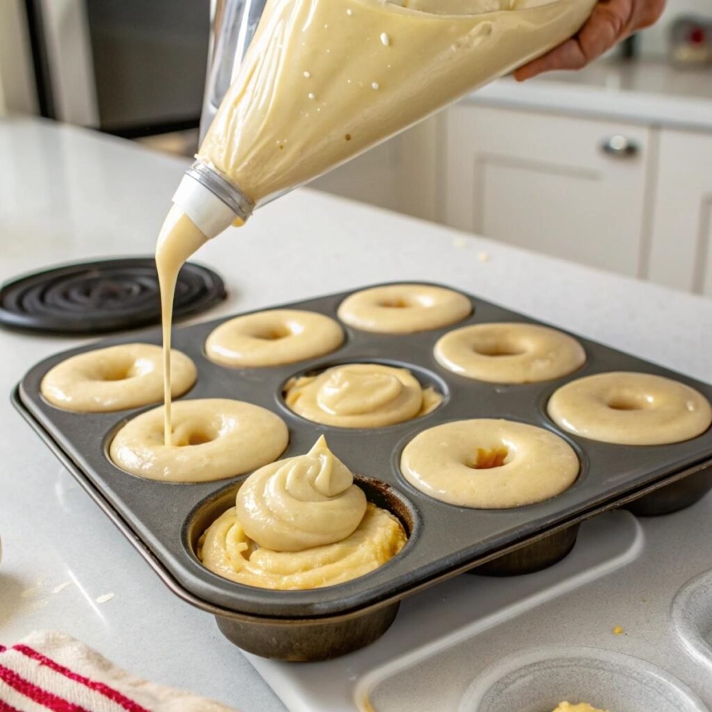iping red velvet batter into a donut pan for Red Velvet Donuts - step 3 showing slight overflow for authenticity.