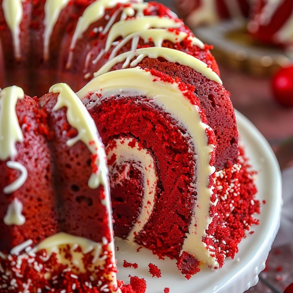 Close-up of Red Velvet Cream Cheese Bundt Cake showing red crumb and creamy swirl, drizzled with glaze on a marble surface.