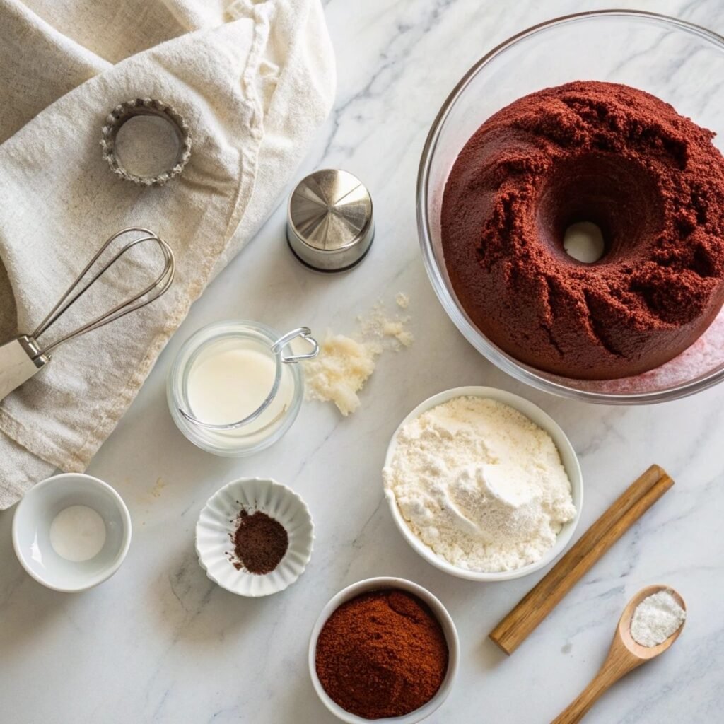 Fresh ingredients for Red Velvet Cream Cheese Bundt Cake including cocoa powder, cream cheese, red velvet cake mix, and sour cream arranged on marble.