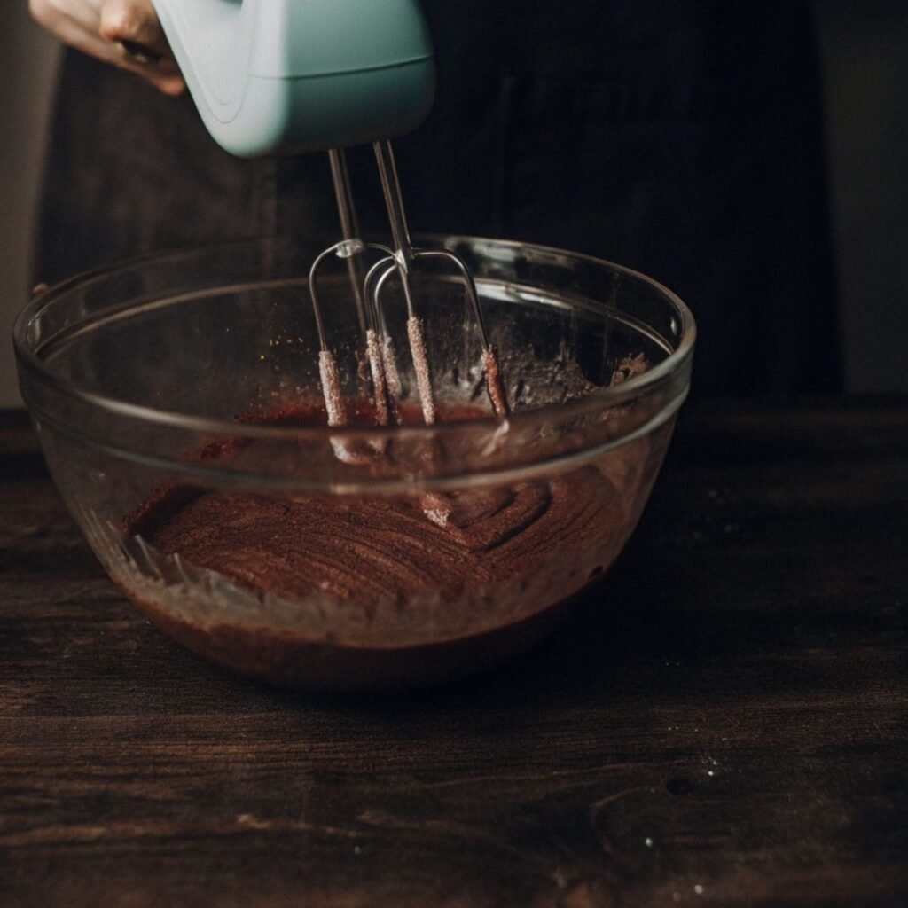 Pouring red velvet batter into bundt pan for Red Velvet Cream Cheese Bundt Cake - step 1 showing smooth thick texture.