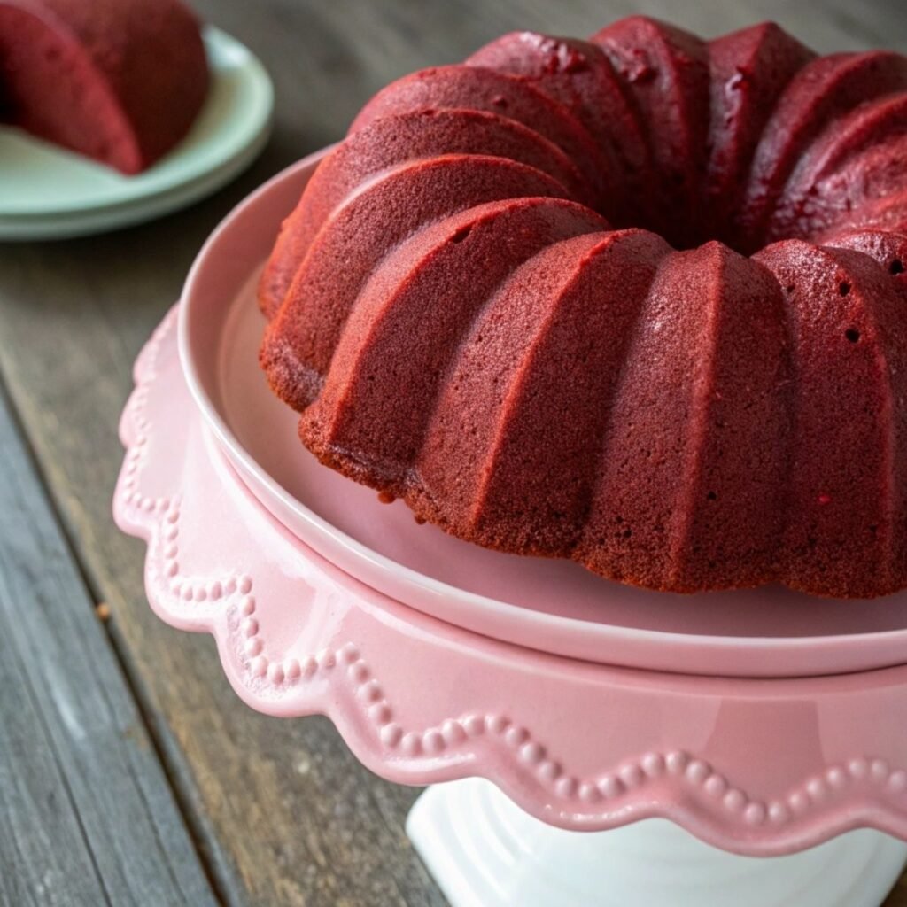 Adding cream cheese filling for Red Velvet Cream Cheese Bundt Cake - step 2 showing swirl layer in bundt pan.