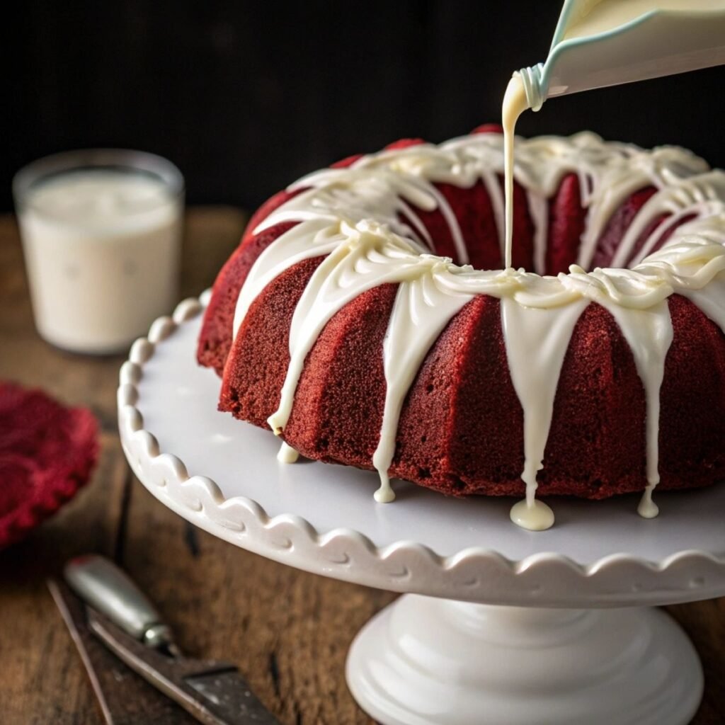 Pouring cream cheese glaze over Red Velvet Cream Cheese Bundt Cake - step 3 showing thick white drizzle on red cake surface.