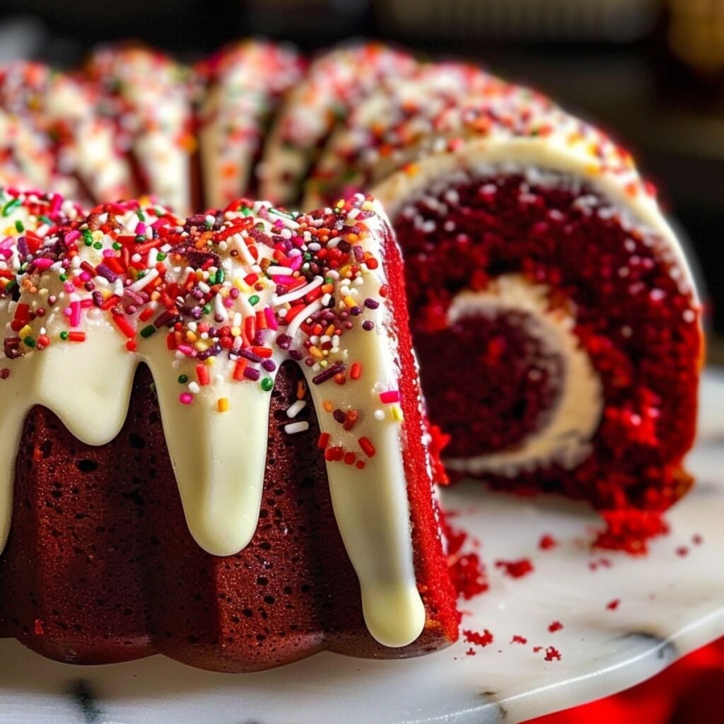 Red Velvet Cream Cheese Bundt Cake on a modern marble countertop, showcasing its creamy swirl and moist red crumb with scattered white chocolate chips.